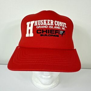VTG Chief Buildings Red Husker Construction Snapback Mesh Trucker Hat Cap M/L